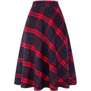 Womens High Elastic Waist Maxi Skirt A-line Plaid Winter Warm Flare Long Skirts